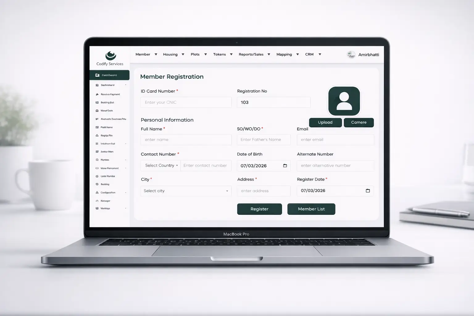 Member registration screen of the Codify Housing Society ERP