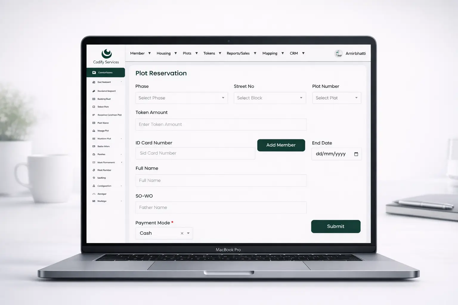Plot booking screen of the Codify Housing Society ERP