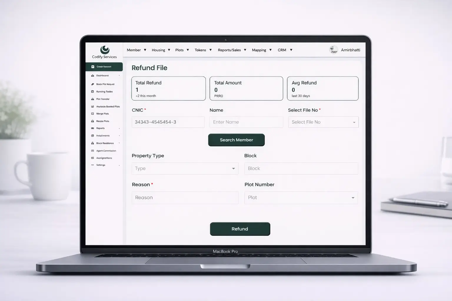 Refunds screen of the Codify Housing Society ERP